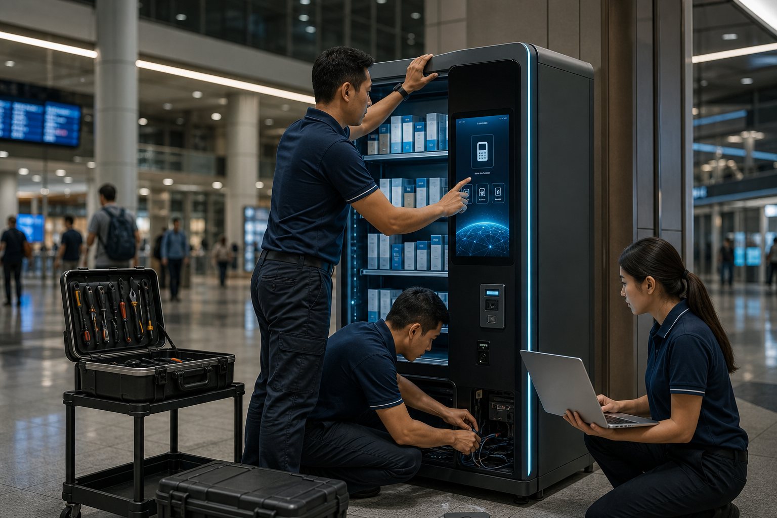 Field team installing and testing a smart telco vending machine in a commercial venue