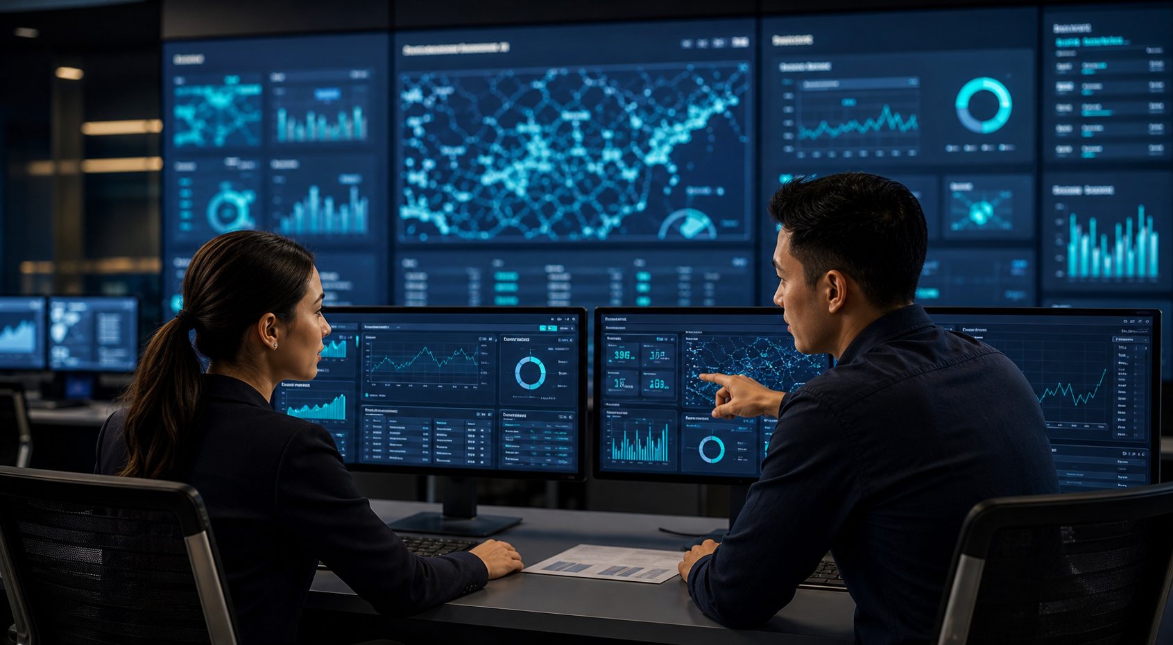 Operations team monitoring retail machine analytics on connected dashboards