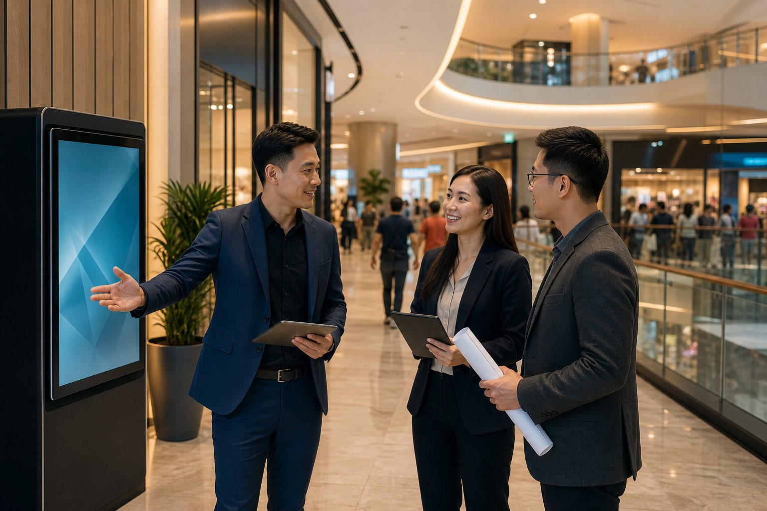Commercial planners discussing the best venue placement for a smart telco vending machine
